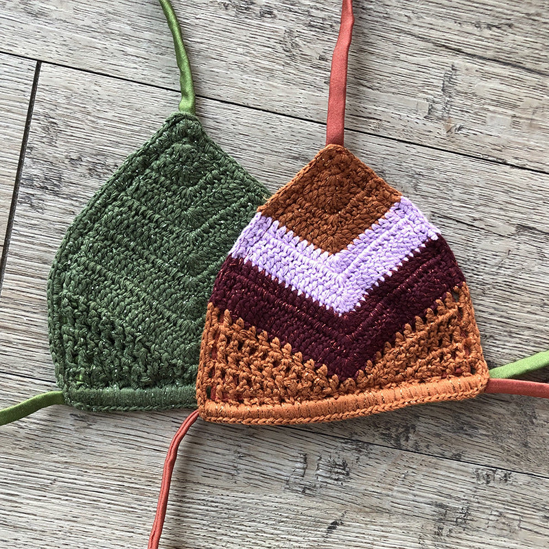 Pure Cotton Hand Crocheting Silver Thread Sexy Beach Bikini Set Three Color Striped Swimsuit Bella Mia